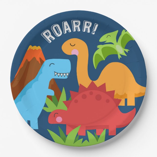 Dinosaur ROAR Cute Blue Paper Plate Red Fox Tail (Front)