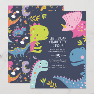 Dinosaur Roar Girls Birthday Pink Invitation