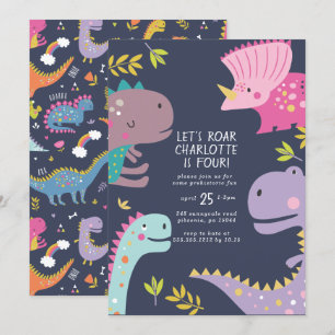 Dinosaur Roar Girls Birthday Purple Invitation