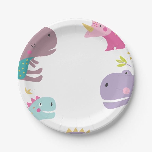 Dinosaur Roar Girls Birthday Purple Paper Plate (Front)