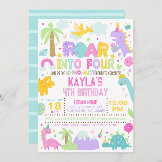 Dinosaur Roar into Four 4th Birthday Invitation (Front/Back)
