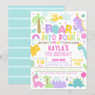 Dinosaur Roar into Four 4th Birthday Invitation