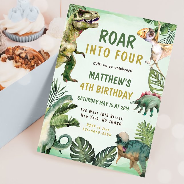 Dinosaur Roar Into Four 4th Birthday Party Invitation (Creator Uploaded)