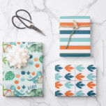 Dinosaur Roar T-Rex Triceratops Tracks Stripes Wrapping Paper Sheet<br><div class="desc">Jurassic dinosaur theme wrapping sheets feature a pattern of cute Tyrannosaurus Rex and Triceratops,  dino tracks,  volcanos,  monstera leaves and "Roar" text,  a stripe pattern and a dino tracks pattern. Great for a boy or a girl,  birthdays,  baby showers and holidays. Original artwork KL Stock.</div>