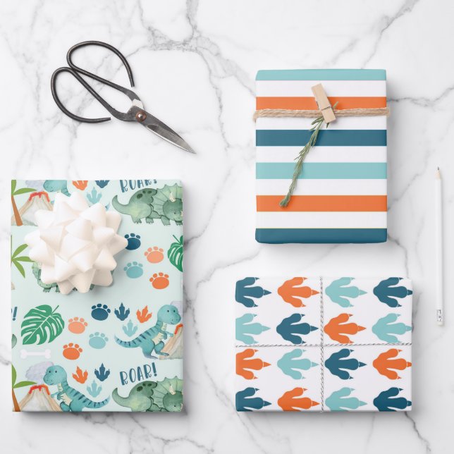 Dinosaur Roar T-Rex Triceratops Tracks Stripes Wrapping Paper Sheet (Front)