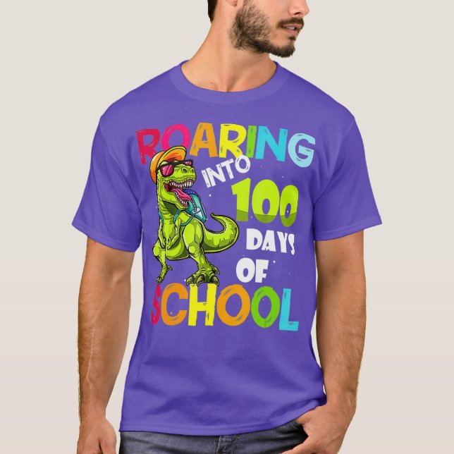 Dinosaur Roaring Into 100 Days Of School Apparel T-Shirt (Front)