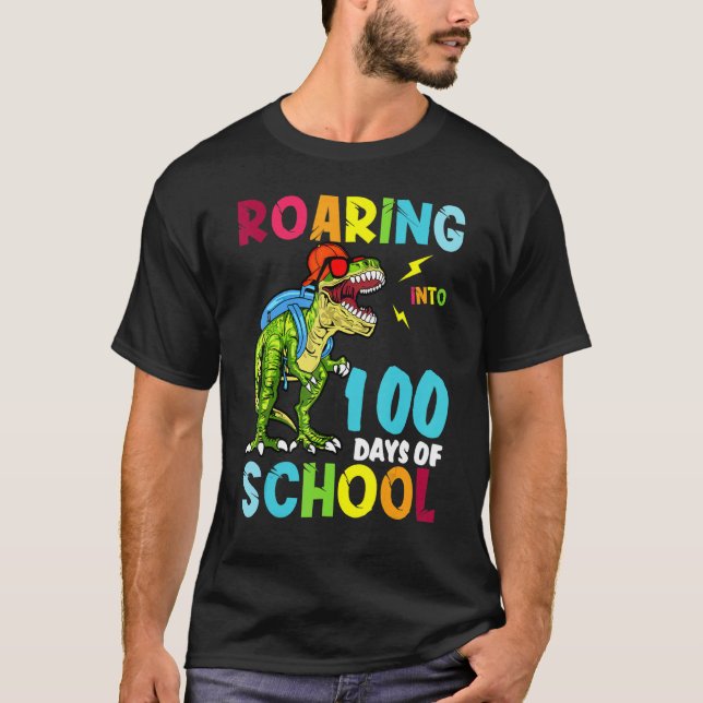 Dinosaur Roaring Into 100 Days Of School Rex Boys  T-Shirt (Front)