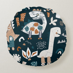 Dinosaur robots, playful, seamless children's patt round cushion