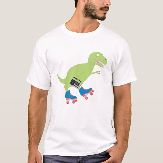 Dinosaur Roller Skating Holding Radio T-Shirt (Front)