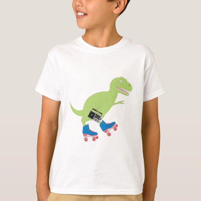 Dinosaur Roller Skating Holding Radio T-Shirt (Front)