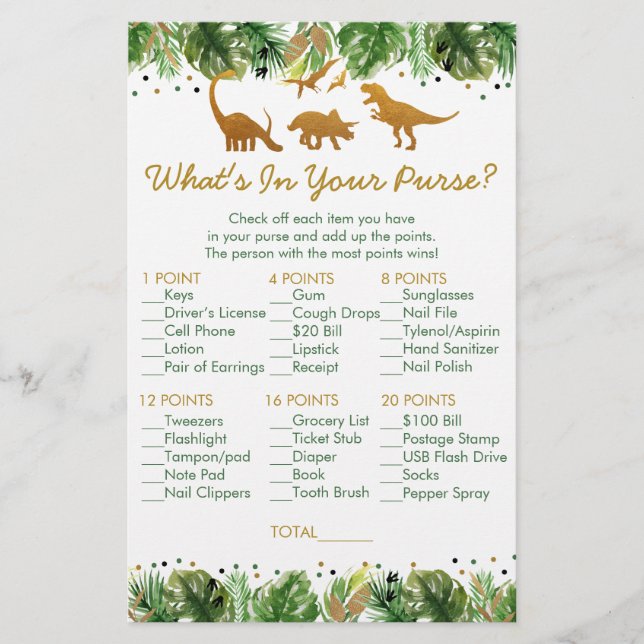 Dinosaur Safari What's In Your Purse Shower Game (Front)