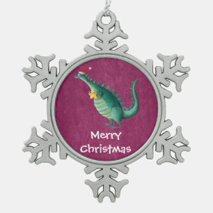 Dinosaur - Santa Claus Helper Snowflake Pewter Christmas Ornament