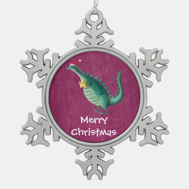 Dinosaur - Santa Claus Helper Snowflake Pewter Christmas Ornament (Front)