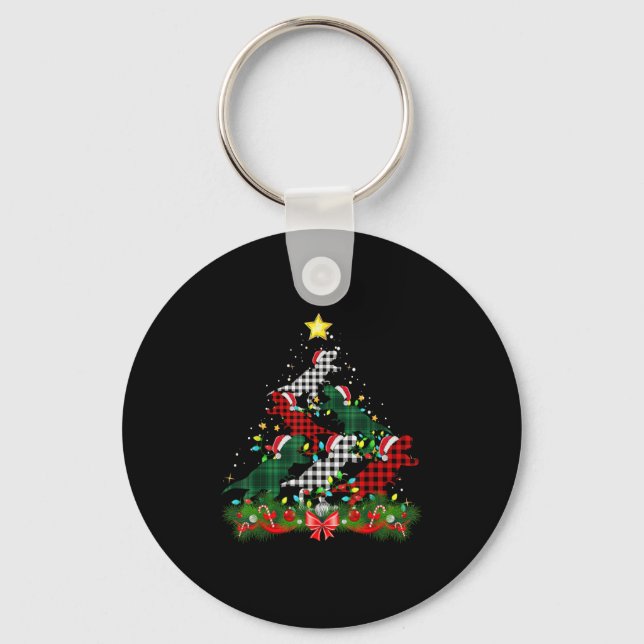 Dinosaur Santa Hat Christmas Tree Buffalo Plaid Re Key Ring (Front)