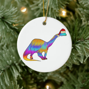 Dinosaur Santa Rainbow colours Ceramic Tree Decoration
