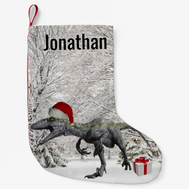 Dinosaur Santa Raptor Velociraptor Name  Small Christmas Stocking (Front)