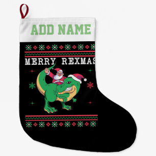 Dinosaur Santa T-Rex Ugly Christmas Sweater Large Christmas Stocking