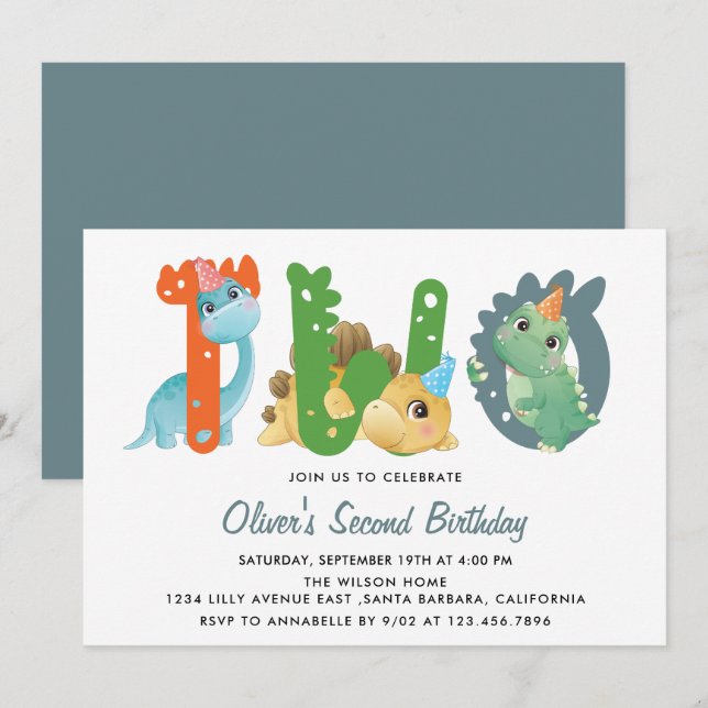 Dinosaur Second Birthday Party  Invitation (Front/Back)