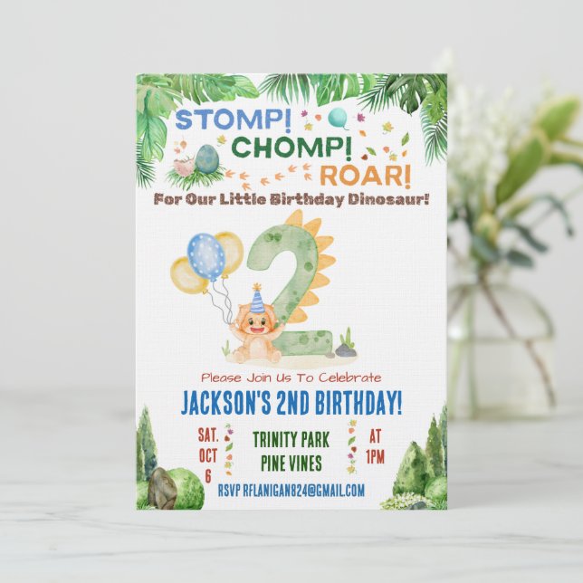 Dinosaur Second Birthday Party Invitation (Standing Front)