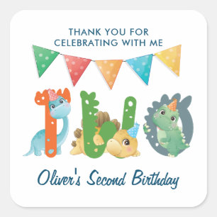 Dinosaur Second Birthday Thank You   Square Sticker