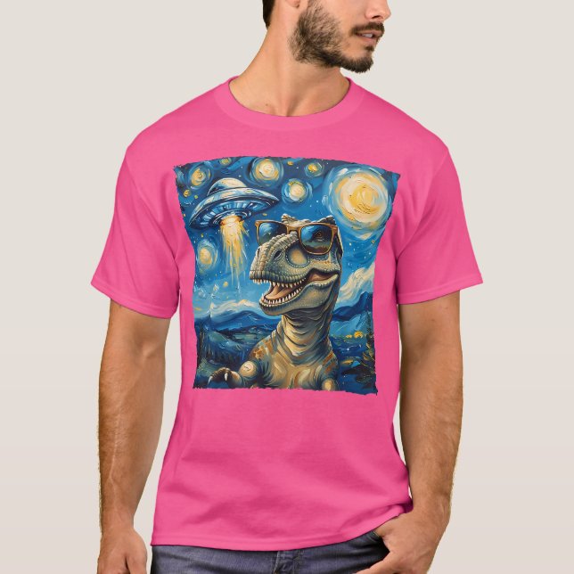 Dinosaur Selfie Van Gogh Style Starry Night Alien  T-Shirt (Front)