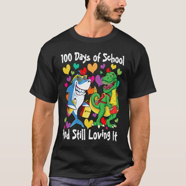 Dinosaur & Shark 100 Days of School And Still Lovi T-Shirt (Front)