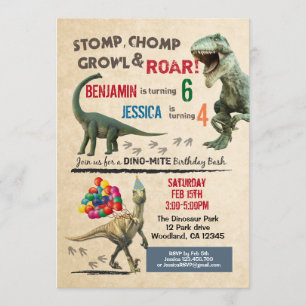Dinosaur sibling birthday invitation 2 names