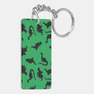 Dinosaur Silhouettes on Green Background Pattern Key Ring
