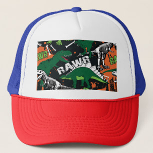 Dinosaur skeleton, grunge seamless pattern. trucker hat