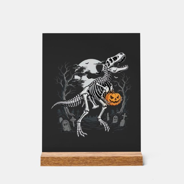 Dinosaur Skeleton Halloween Pumpkin Graveyard Desi Acrylic Sign (Front)