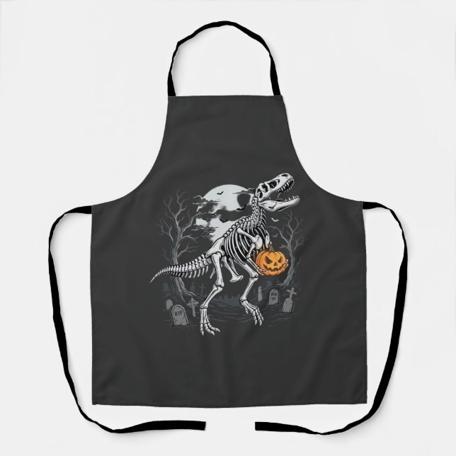 Dinosaur Skeleton Halloween Pumpkin Graveyard Desi Apron (Front)
