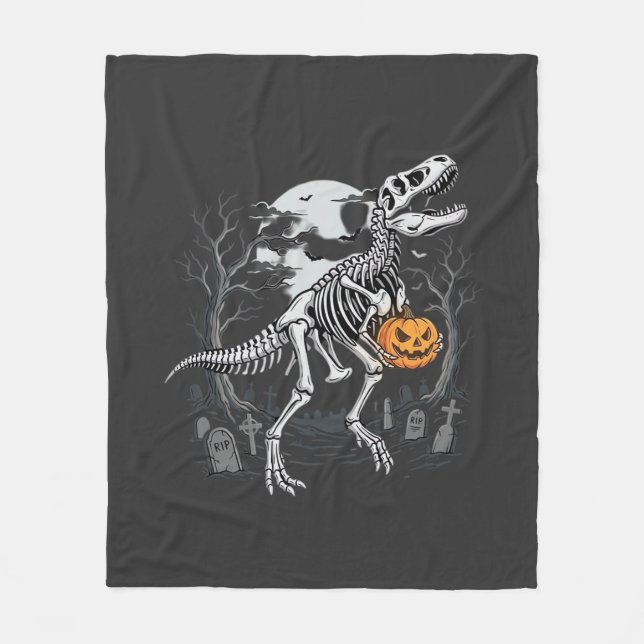 Dinosaur Skeleton Halloween Pumpkin Graveyard Desi Fleece Blanket (Front)