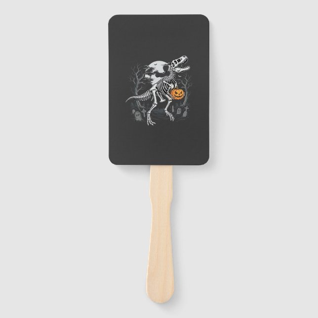 Dinosaur Skeleton Halloween Pumpkin Graveyard Desi Hand Fan (Front)