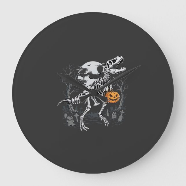 Dinosaur Skeleton Halloween Pumpkin Graveyard Desi Large Clock (Front)
