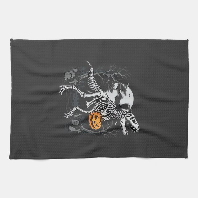 Dinosaur Skeleton Halloween Pumpkin Graveyard Desi Tea Towel (Horizontal)
