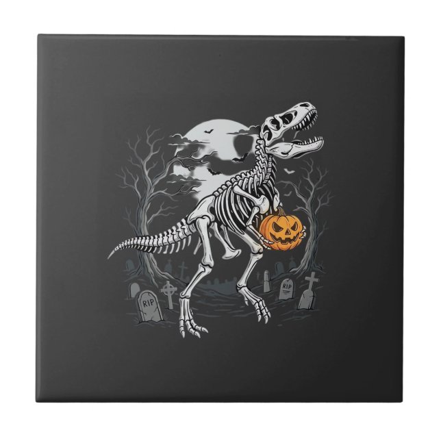 Dinosaur Skeleton Halloween Pumpkin Graveyard Desi Tile (Front)