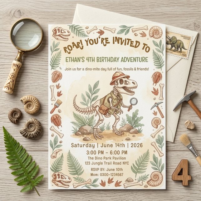 Dinosaur Skeleton Paleontologist Boy 4th Birthday Invitation (Creator Uploaded)