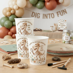 Dinosaur Skeleton Paleontologist Boy 4th Birthday Paper Cups