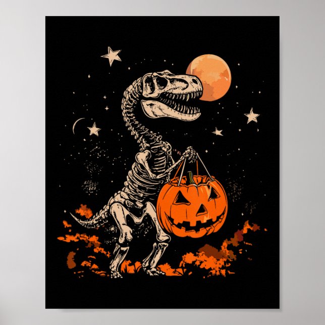 Dinosaur Skeleton Scary Pumpkin Moon Halloween Boy Poster (Front)
