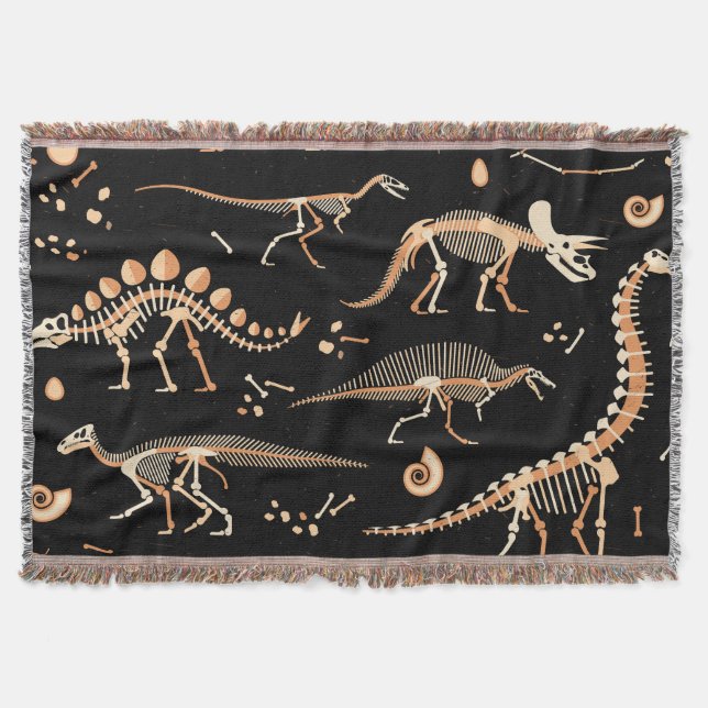 Dinosaur skeletons, fossils, vintage pattern. throw blanket (Front)