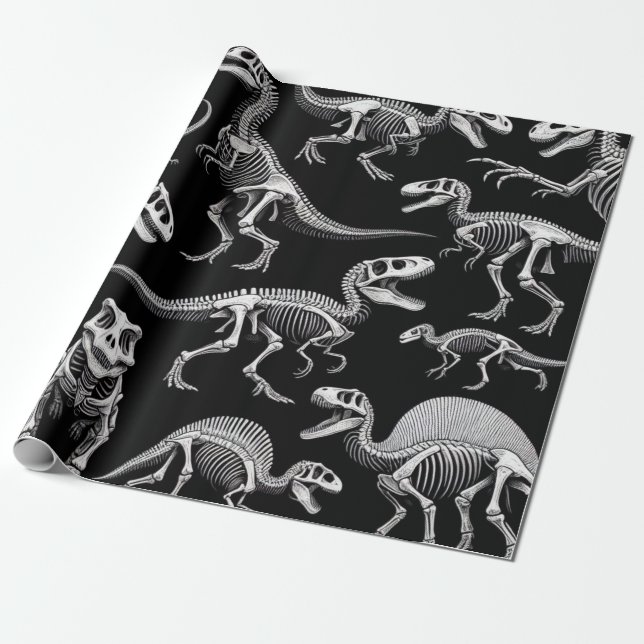 Dinosaur Skeletons White Fossil Bones Wrapping Paper (Unrolled)