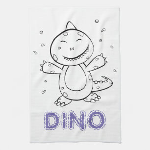 Dinosaur - Sketched Art Animal in Black & White Tea Towel