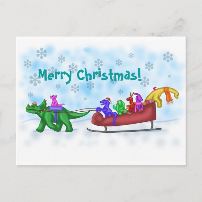 Dinosaur Sleigh Ride Holiday Postcard (Front)