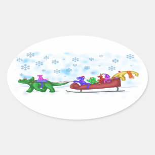Dinosaur Sleigh Ride Oval Sticker