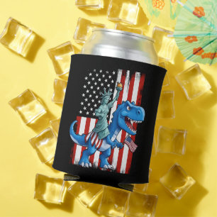 Dinosaur Statue Liberty 4th Of July American Flag Can Cooler