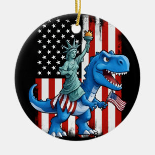 Dinosaur Statue Liberty 4th Of July American Flag Ceramic Tree Decoration