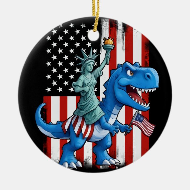 Dinosaur Statue Liberty 4th Of July American Flag Ceramic Tree Decoration (Front)