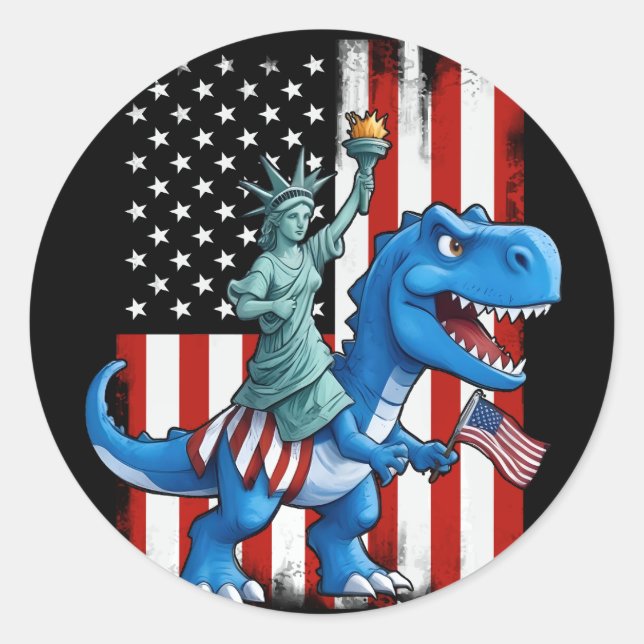 Dinosaur Statue Liberty 4th Of July American Flag Classic Round Sticker (Front)