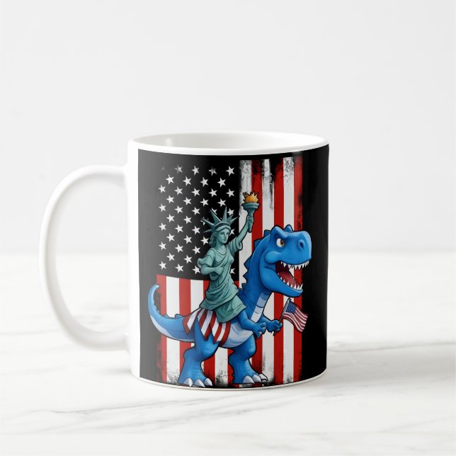 Dinosaur Statue Liberty 4th Of July American Flag Coffee Mug (Left)