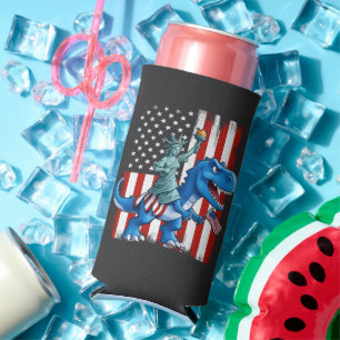 Dinosaur Statue Liberty 4th Of July American Flag Seltzer Can Cooler